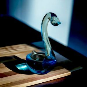 Cobalt Blue Art Glass Swan Dish Vintage 1950's Mid-Century